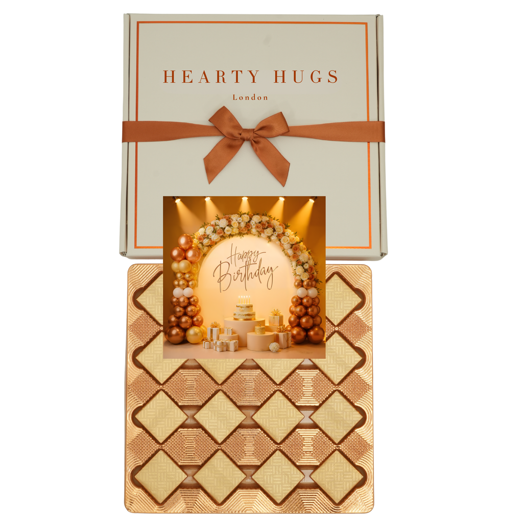 Hearty Hugs Luxury Birthday Chocolate Gift Box – 20 Premium Assorted Chocolates – Premium Chocolate Hamper Gift for Her & Him (Royal Ivory)