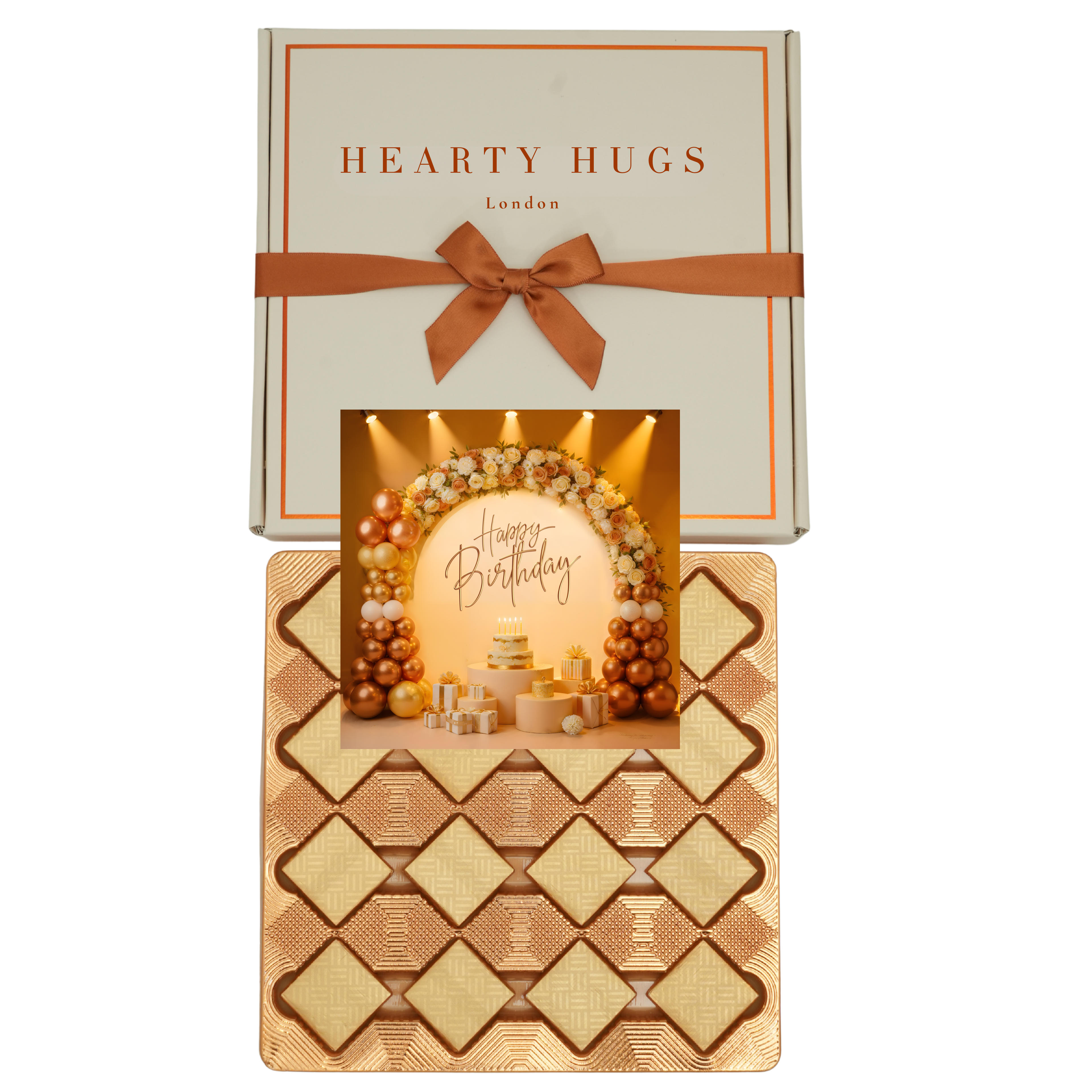 Hearty Hugs Luxury Birthday Chocolate Gift Box – 20 Premium Assorted Chocolates – Premium Chocolate Hamper Gift for Her & Him (Royal Ivory)
